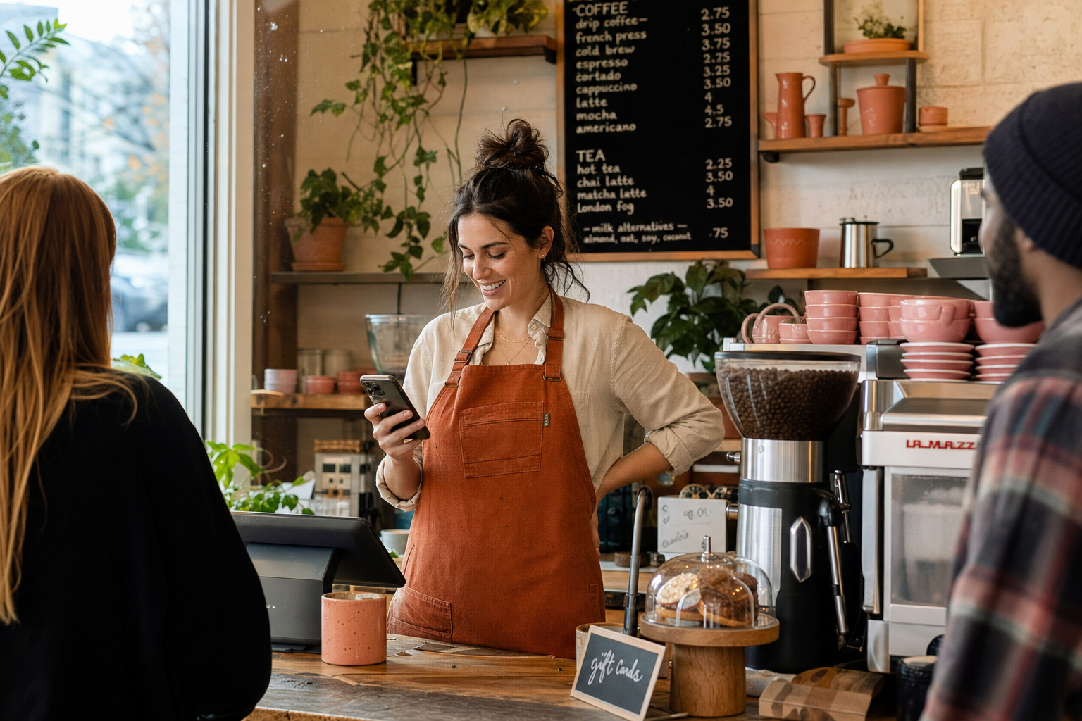 Coffee shop owner checking her phone between customers